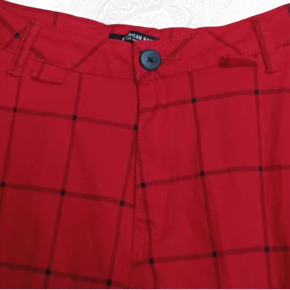 American Bazi Red & Black Plaid Pants Straps & Metal Hardware Jogger Hems Size M - Picture 2 of 3